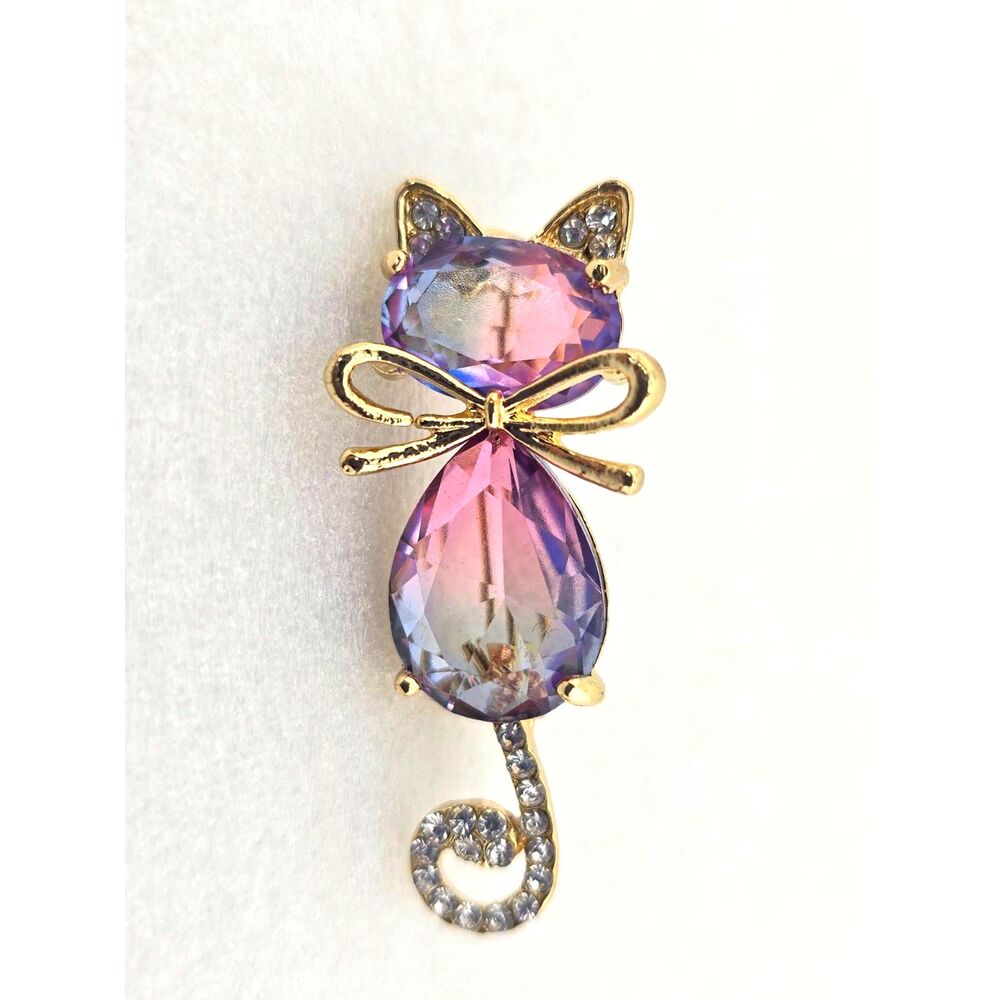 Watermelon Rhinestone Cat Brooch Pin Gold Tone Ombre Glass Kitten 1.75" Bling
